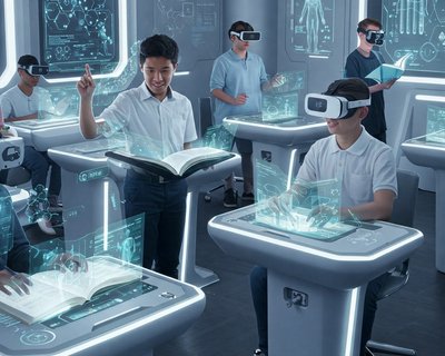 Gemini Generated image shows Children in a futuristic classroom setting