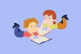Illustrations of two children reading books together